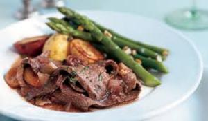 A plate of food with meat and asparagus.