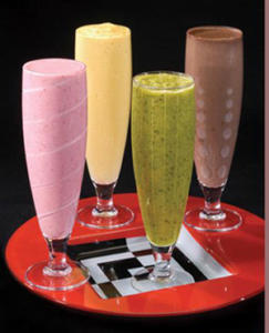 Four colorful smoothies on a red tray.