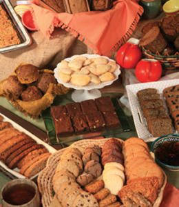 Assorted baked goods displayed on a table.