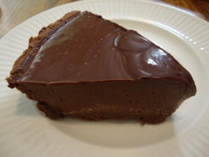 Slice of chocolate pie on white plate.