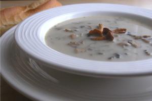 Creamy mushroom soup with bread slice.