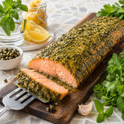 Roasted Salmon in mustard caper sauce