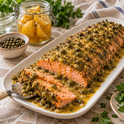 Roasted Salmon in Lemon Caper Sauce