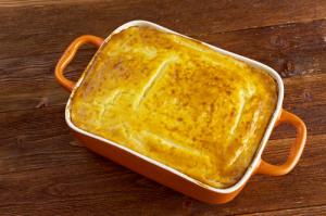A casserole dish with some type of food in it