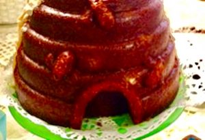 A chocolate cake with a large hole in the middle.