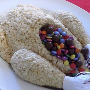 A turkey made of rice krispie treats with colored sprinkles.