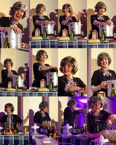 A collage of photos with woman holding wine.