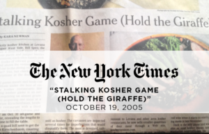 A newspaper with the headline " stalking kosher game ( hold the giraffe )".