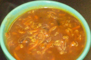 Bowl of hearty vegetable and meat stew.