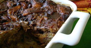 Baked dessert in white casserole dish.