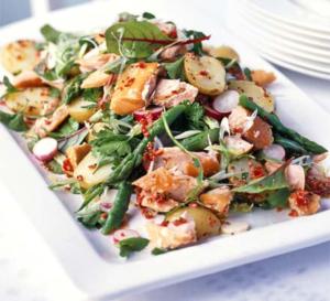 Salmon salad with potatoes and greens.