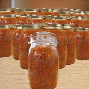 Jars of homemade salsa on display.