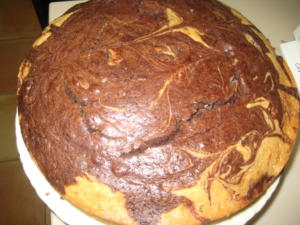 Marble cake with chocolate and vanilla swirls.