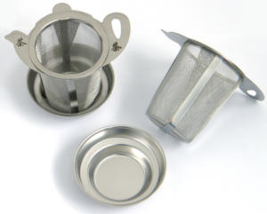 Stainless steel tea infusers and drip tray.