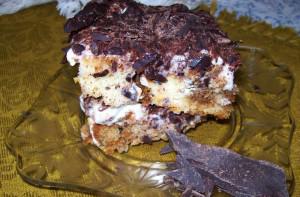Chocolate cake slice on glass plate.