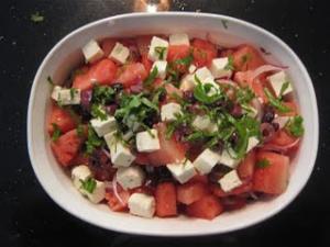 Watermelon salad with feta and herbs.