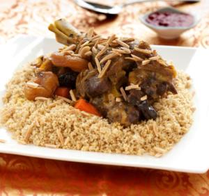 Couscous with lamb, apricots, and almonds.