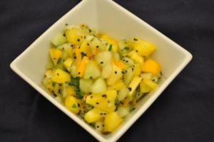 Mango cucumber salsa with black sesame seeds