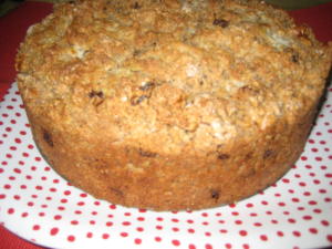 Round cake on a dotted plate.