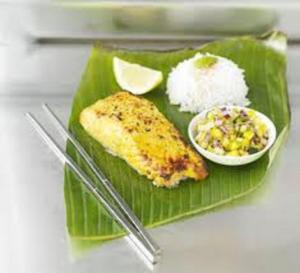 Grilled fish with rice and mango salsa