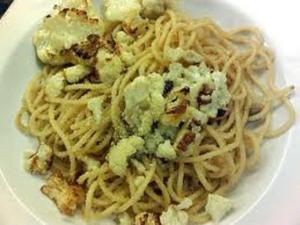Spaghetti with roasted cauliflower on plate.