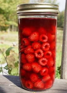 A jar of strawberries is sitting on the ground.