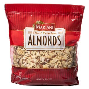 A bag of almonds is shown on a white background.
