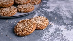 A couple of cookies are on the table