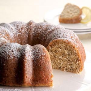 Bundt cake with a slice removed.