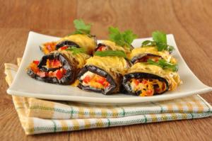 Cheesy eggplant rolls with red pepper filling