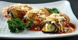 Eggplant rollatini with cheese and tomato sauce.