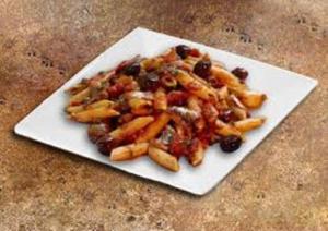 Pasta with tomato sauce and olives.