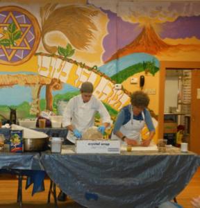 People preparing food in colorful kitchen mural.