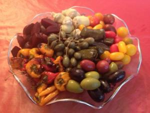 Colorful platter of assorted pickled vegetables.