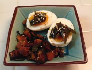 A blue bowl with some food on it