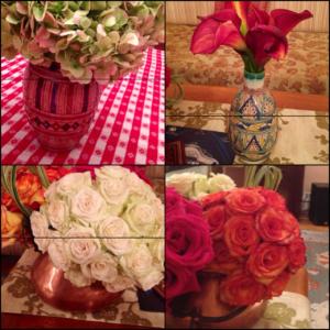 A collage of different pictures with flowers in vases.