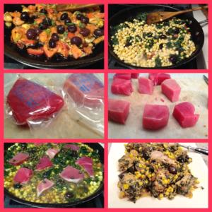 Tuna and corn skillet collage with olives
