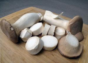 A wooden cutting board with some white cheese on it