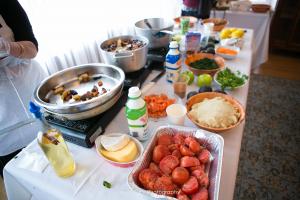 A table with many different foods on it