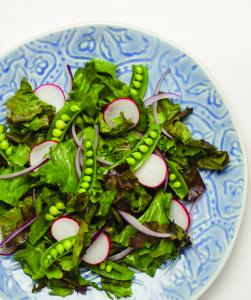 A blue plate topped with salad and radishes.