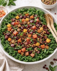 Kale salad with vegan bacon