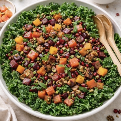 Kale salad with vegan bacon