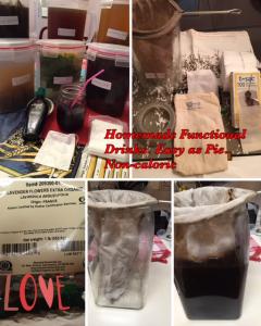 Jars of homemade herbal brews with filters