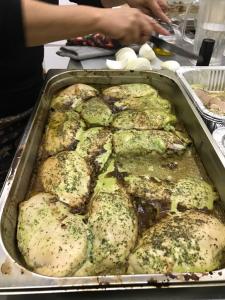 A pan of food on top of the table.