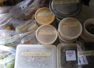 Labeled homemade meals stored in freezer containers
