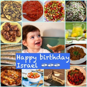 Birthday collage of Israeli foods, child, flags