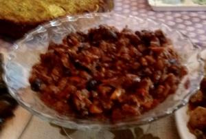 Glass bowl of homemade baked beans