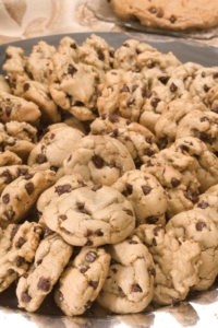 A pile of cookies sitting on top of each other.
