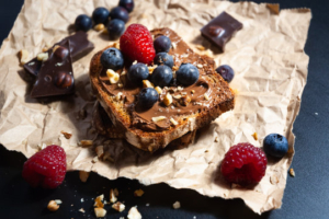 A piece of bread with berries and nuts on it.