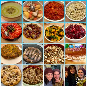 A collage of different foods on plates.